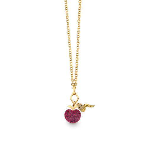 Gold & Diamond Ruby Apple and Caterpillar Charm Necklace