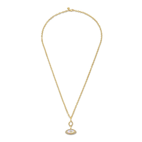 Gold & Diamond Large Carved Stone Pave Charm on Small Pave Eye Spring Link Clip Necklace