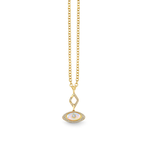 Gold & Diamond Large Carved Stone Pave Charm on Small Pave Eye Spring Link Clip Necklace