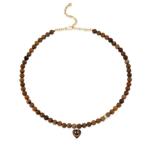 Gold & Diamond Petrified Wood Heart Happy Face and Rondelle Beaded Necklace
