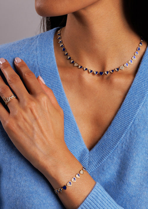 Gold, Diamond & Lapis Stone Inlay Heart Eternity Bracelet