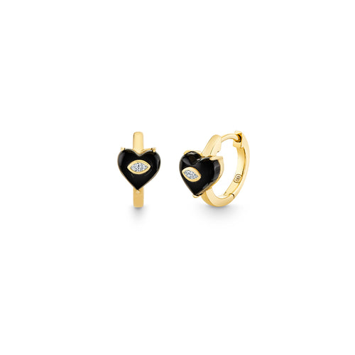 Gold & Diamond Tiny Carved Onyx Marquise Bezel Heart Huggie