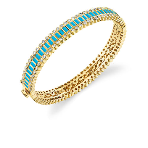 Gold, Diamond & Turquoise Baguette and Round Bezel Hinge Bangle