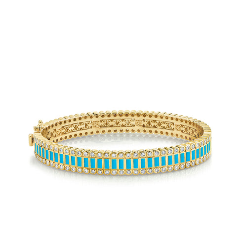 Gold, Diamond & Turquoise Baguette and Round Bezel Hinge Bangle