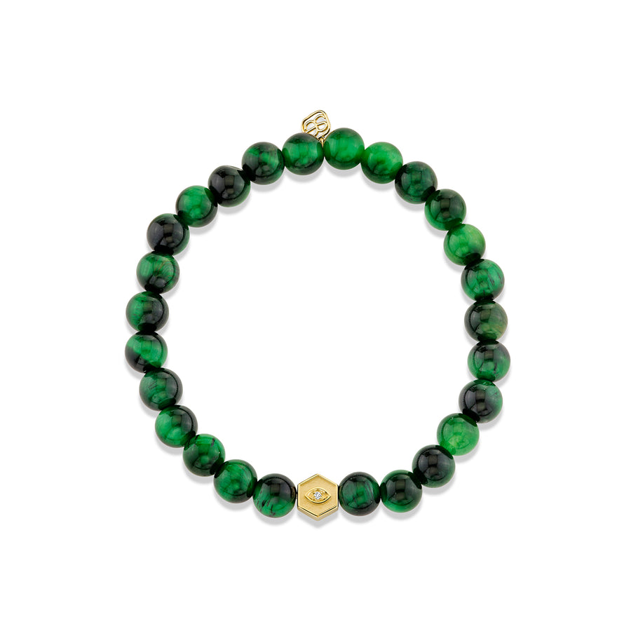 Gold & Diamond Hexagon Initial & Marquise Eye Bead on Tiger Eye - Sydney Evan Fine Jewelry
