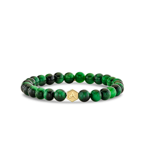 Gold & Diamond Hexagon Initial & Marquise Eye Bead on Tiger Eye