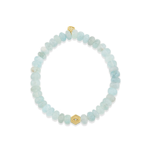Gold & Diamond Hexagon Initial & Marquise Eye Bead on Aquamarine