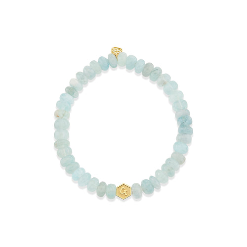 Gold & Diamond Hexagon Initial & Marquise Eye Bead on Aquamarine