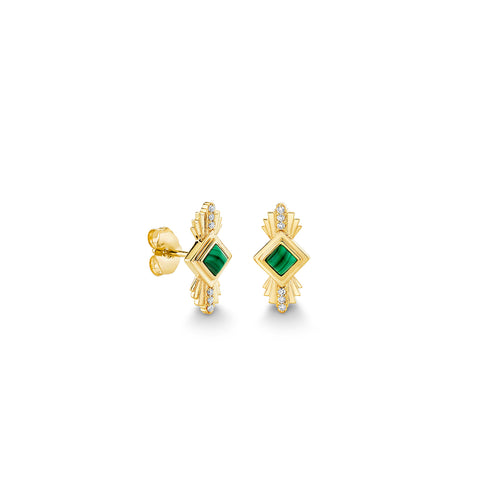 Gold, Diamond & Malachite Wicked Art Deco Stud