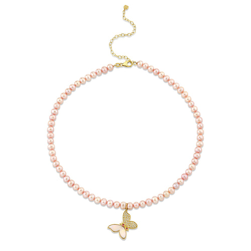 Gold & Diamond Wicked Glinda Inlay Butterfly Pearl Necklace