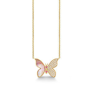 Gold, Diamond, Pink Sapphire & Mother of Pearl Wicked Glinda Stone Inlay Pave Butterfly Necklace - Sydney Evan Fine Jewelry