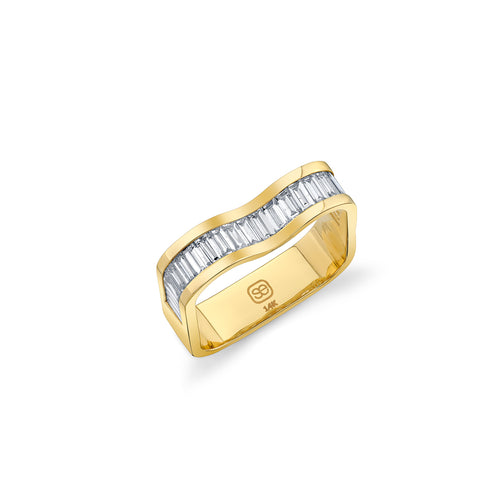 Gold & Diamond Wavy Square Ring with Channel Set Baguettes