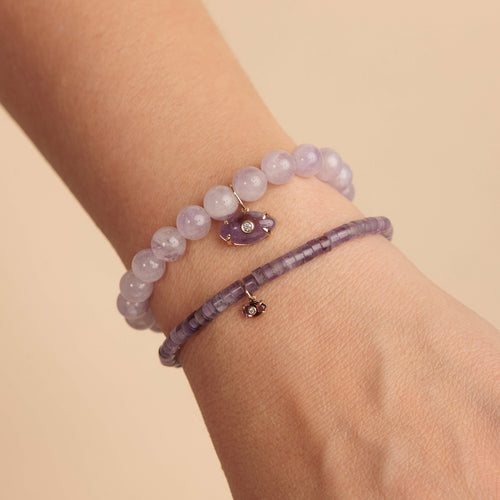 Gold & Diamond Tiny Carved Amethyst Eye on Amethyst Heishi