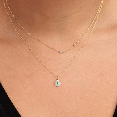 Gold Mini Enamel Eye Necklace with Bezel-Set Diamond