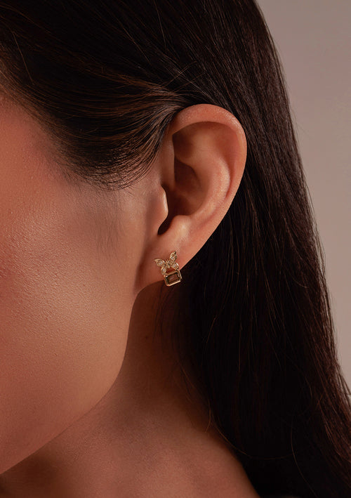 Gold & Diamond Butterfly Emerald Cut Quartz Stud