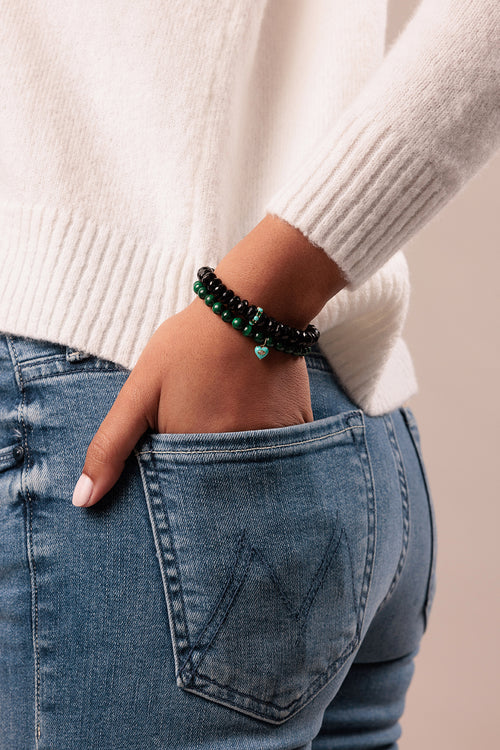 Gold, Turquoise & Emerald Rondelle on Black Spinel