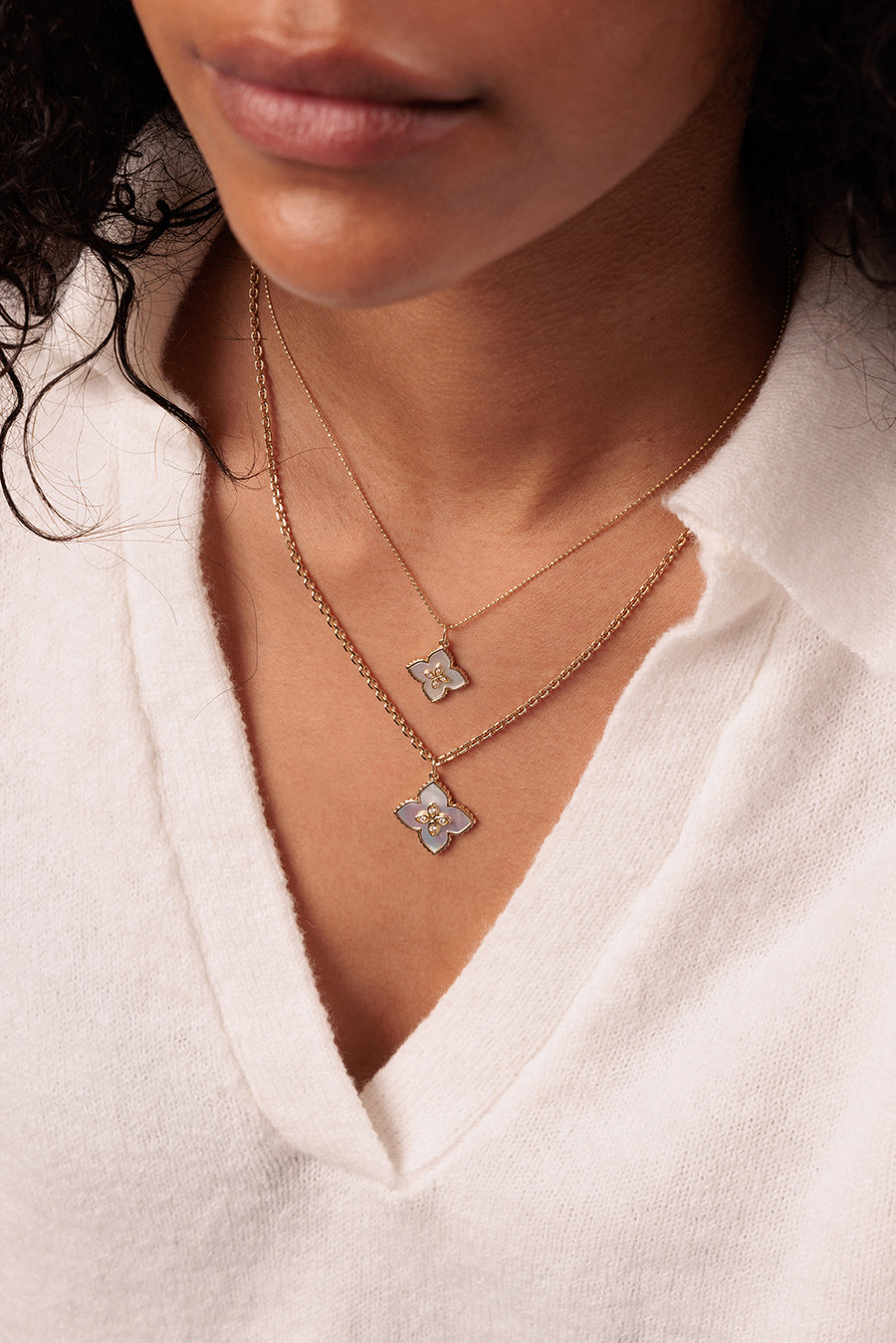 Gold, Diamond & Mother of Pearl Small Marquise Eyes Stone Inlay Moroccan Flower Charm - Sydney Evan Fine Jewelry