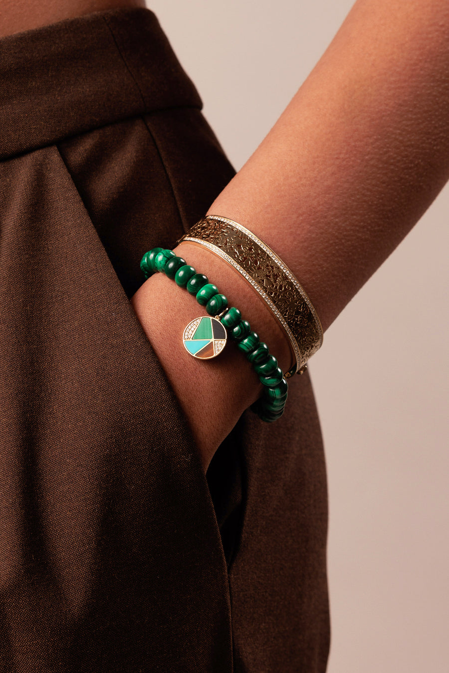 Gold & Diamond Mosaic Disc on Malachite - Sydney Evan Fine Jewelry