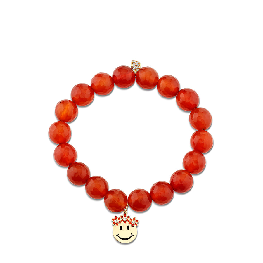 Gold, Diamond & Enamel Flower Crown Happy Face on Carnelian - Sydney Evan Fine Jewelry