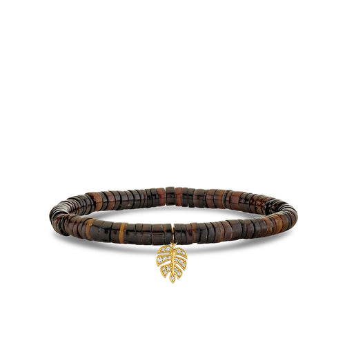 Gold & Diamond Small Monstera Leaf on Dark Brown Heishi