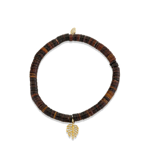 Gold & Diamond Small Monstera Leaf on Dark Brown Heishi