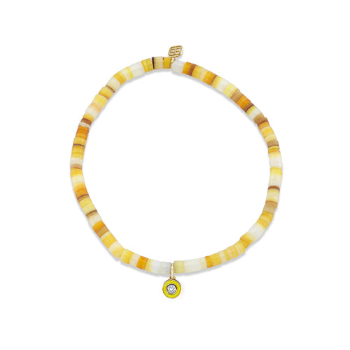 Gold & Diamond Small Single Stone Enamel Charm on Pearl Heishi