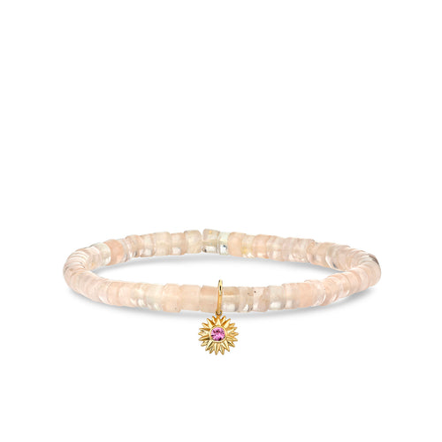 Gold & Pink Sapphire Sunburst on Rose Quartz Heishi