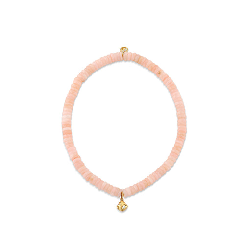 Gold & Diamond Tiny Clam Shell on Pink Opal