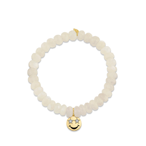 Gold & Diamond Star Eyes Happy Face on Moonstone