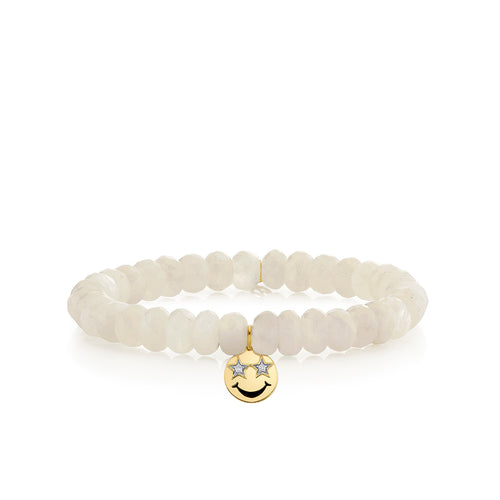 Gold & Diamond Star Eyes Happy Face on Moonstone