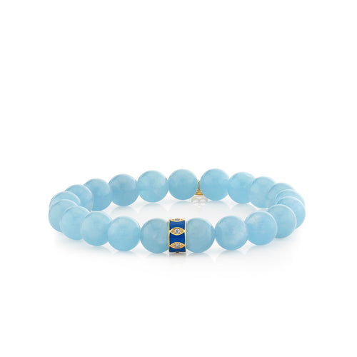 Gold & Diamond 10mm Marquise Eye Classic Blue Enamel Rondelle on Aquamarine