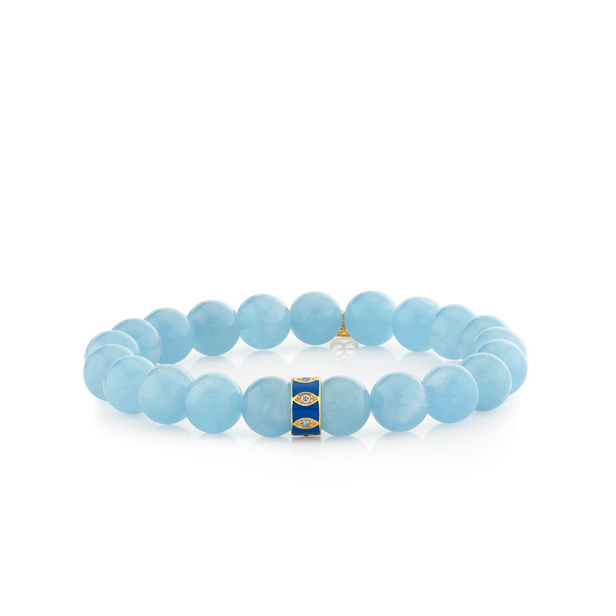 Gold & Diamond 10mm Marquise Eye Classic Blue Enamel Rondelle on Aquamarine - Sydney Evan Fine Jewelry