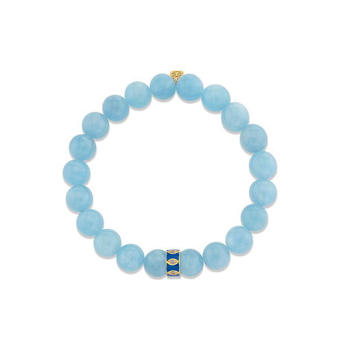 Gold & Diamond 10mm Marquise Eye Classic Blue Enamel Rondelle on Aquamarine