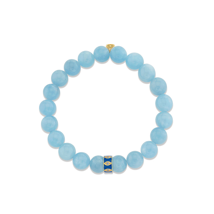 Gold & Diamond 10mm Marquise Eye Classic Blue Enamel Rondelle on Aquamarine - Sydney Evan Fine Jewelry