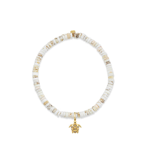 Gold & Diamond Small Turtle on White Turquoise Heishi