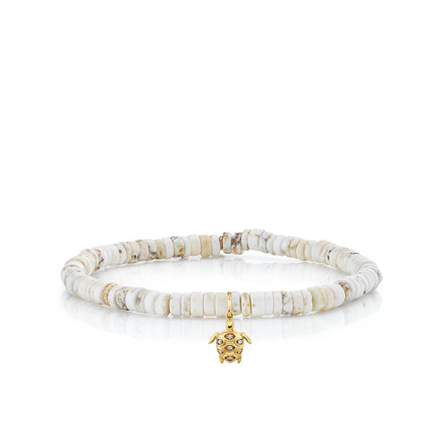 Gold & Diamond Small Turtle on White Turquoise Heishi