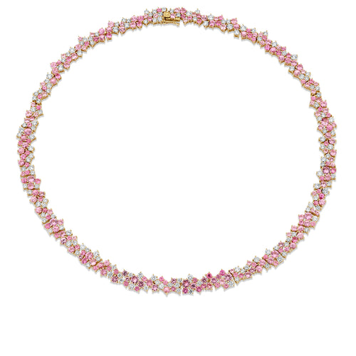 Gold, Diamond & Pink Sapphire Wide Cocktail Eternity Necklace