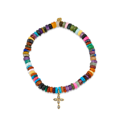 Gold & Diamond Marquise Eye Cross on Rainbow Heishi