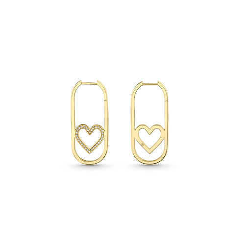 Gold & Pave Diamond Open Heart Long Hoops