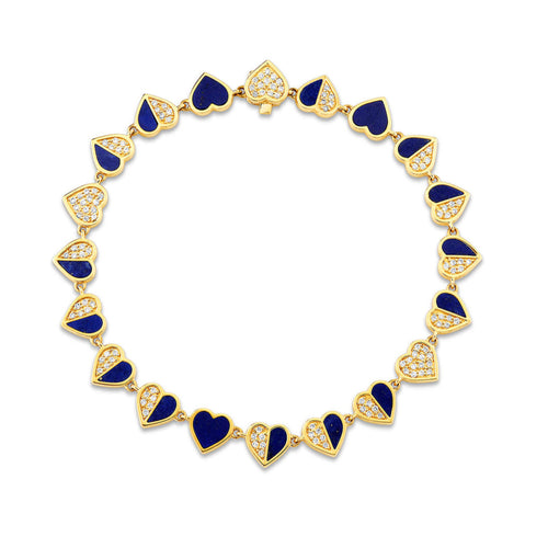 Gold, Diamond & Lapis Stone Inlay Heart Eternity Bracelet
