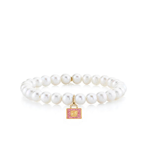 Gold, Diamond & Pink Sapphire Wicked Glinda Luggage on Fresh Water Pearl - Sydney Evan Fine Jewelry