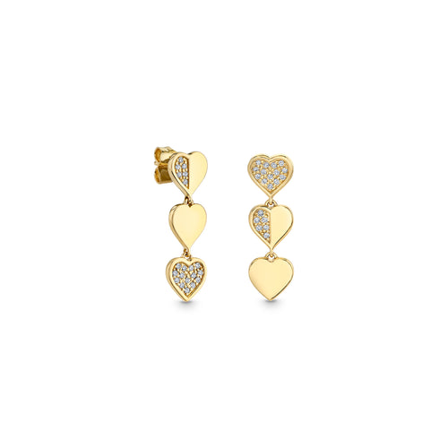Gold & Diamond Half Pave Three Heart Linear Earrings