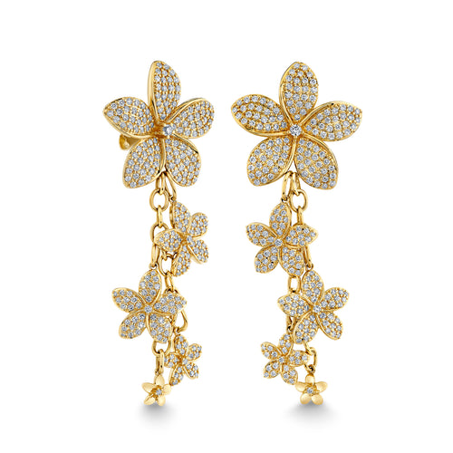 Gold & Diamond Plumeria Charm Drop Earrings