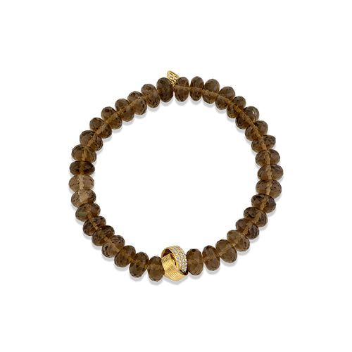 Gold & Diamond Tri Linked Ring Rondelle on Smokey Quartz