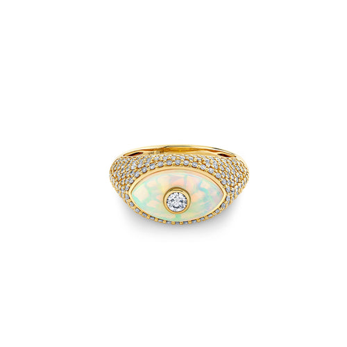 Gold & Diamond Opal Large Carved Stone Pave Ring