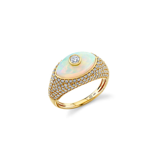 Gold & Diamond Opal Large Carved Stone Pave Ring