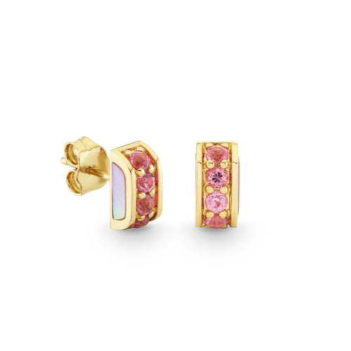 Gold & Pink Sapphire Stone Inlay Pave Stud