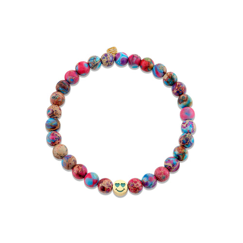 Gold & Turquoise Inlay Icon Bead Happy Face on Rainbow Jasper