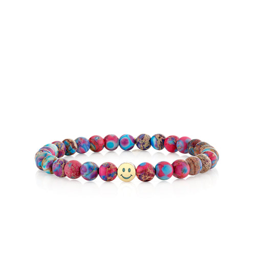 Gold & Turquoise Inlay Icon Bead Happy Face on Rainbow Jasper