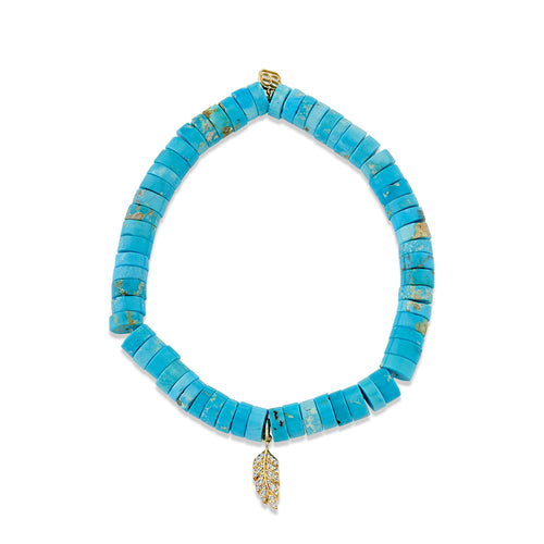 Gold & Diamond Tiny Feather on Turquoise Heishi
